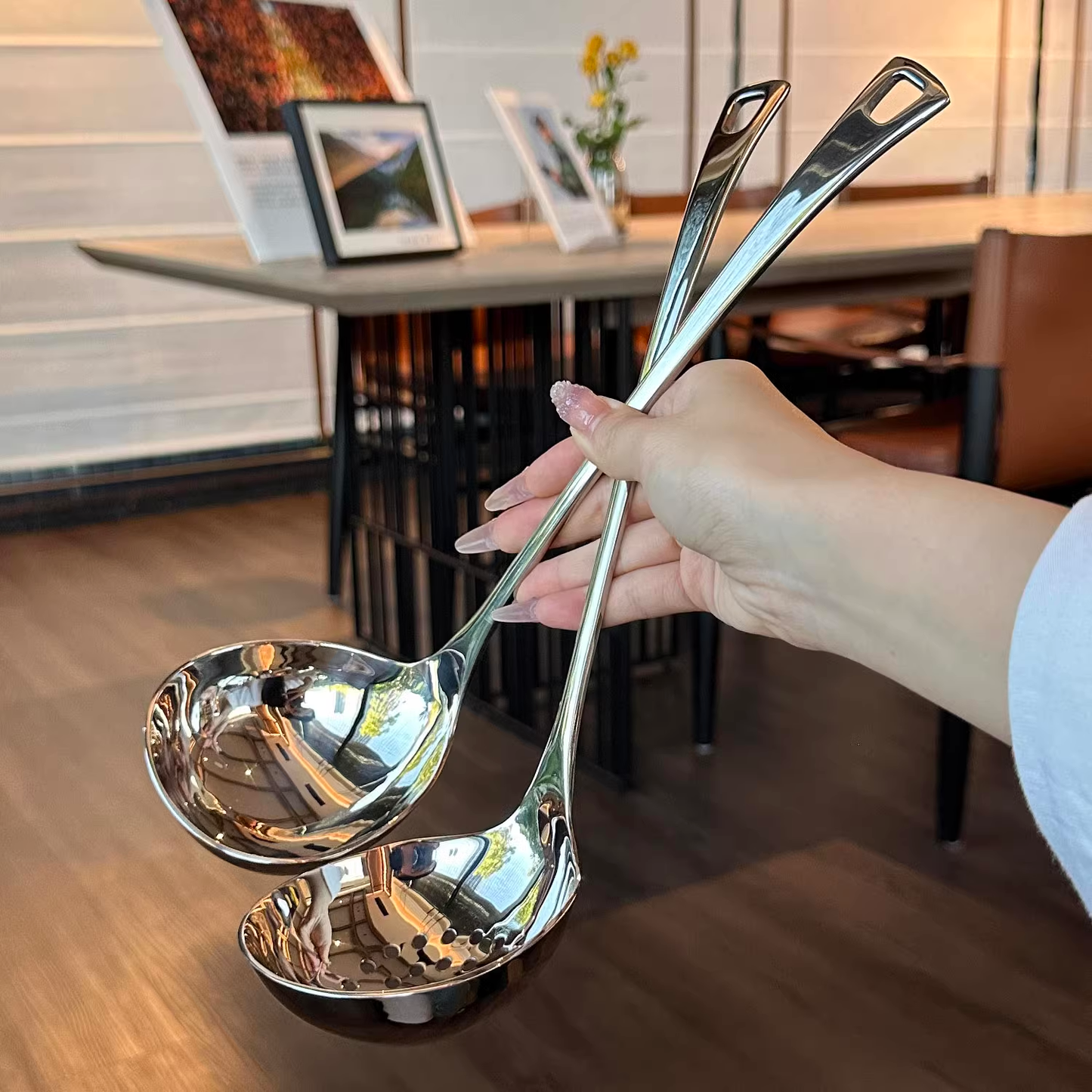 18/10 Stainless Steel Long-Handle Soup Ladle and Strainer Hot Pot Set